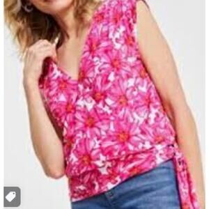 INC International Concepts Top XS NWT Pink Floral Wrap Tie Sleeveless Blouse